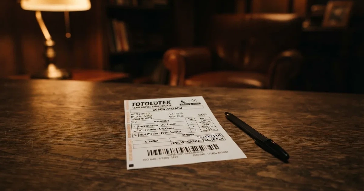 Pusty papierowy kupon zakładu leży na stole obok długopisu, ciepłe światło lampy pada na blat.