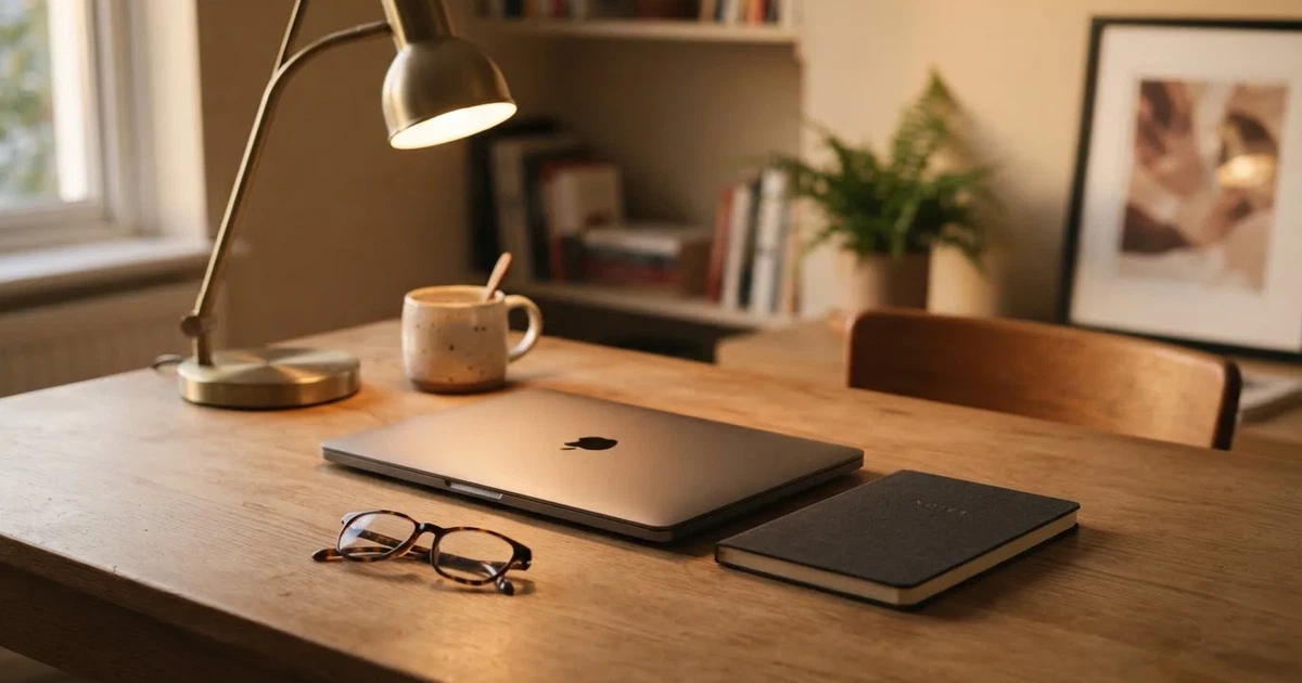 Zamknięty laptop i mały notes leżą na uporządkowanym domowym biurku obok lampki biurkowej.