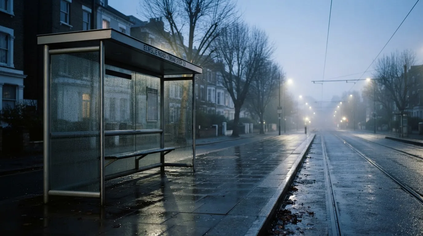 Pusta wiata przystanku tramwajowego na miejskiej ulicy o świcie, pusta ławka i mokry chodnik.