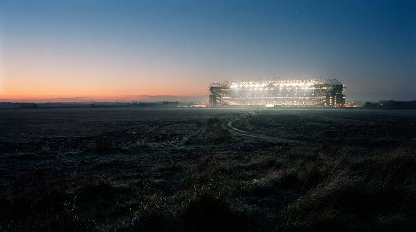 Stadion rozświetlony reflektorami widziany z daleka znad ciemnych pól w pogodny wieczór.
