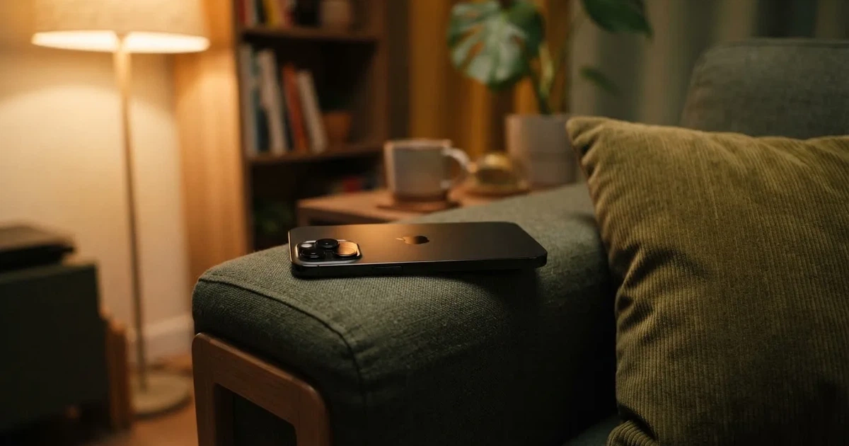 Smartfon z ciemnym wyświetlaczem leży na poręczy sofy obok poduszki w ciepłym świetle lampy.