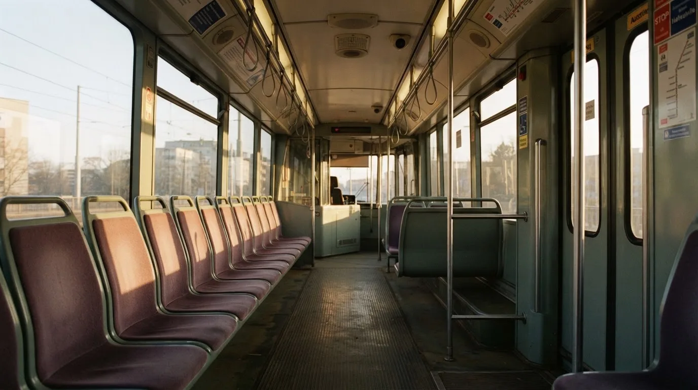 Wnętrze pustego tramwaju z rzędami siedzeń i poręczą w porannym świetle.