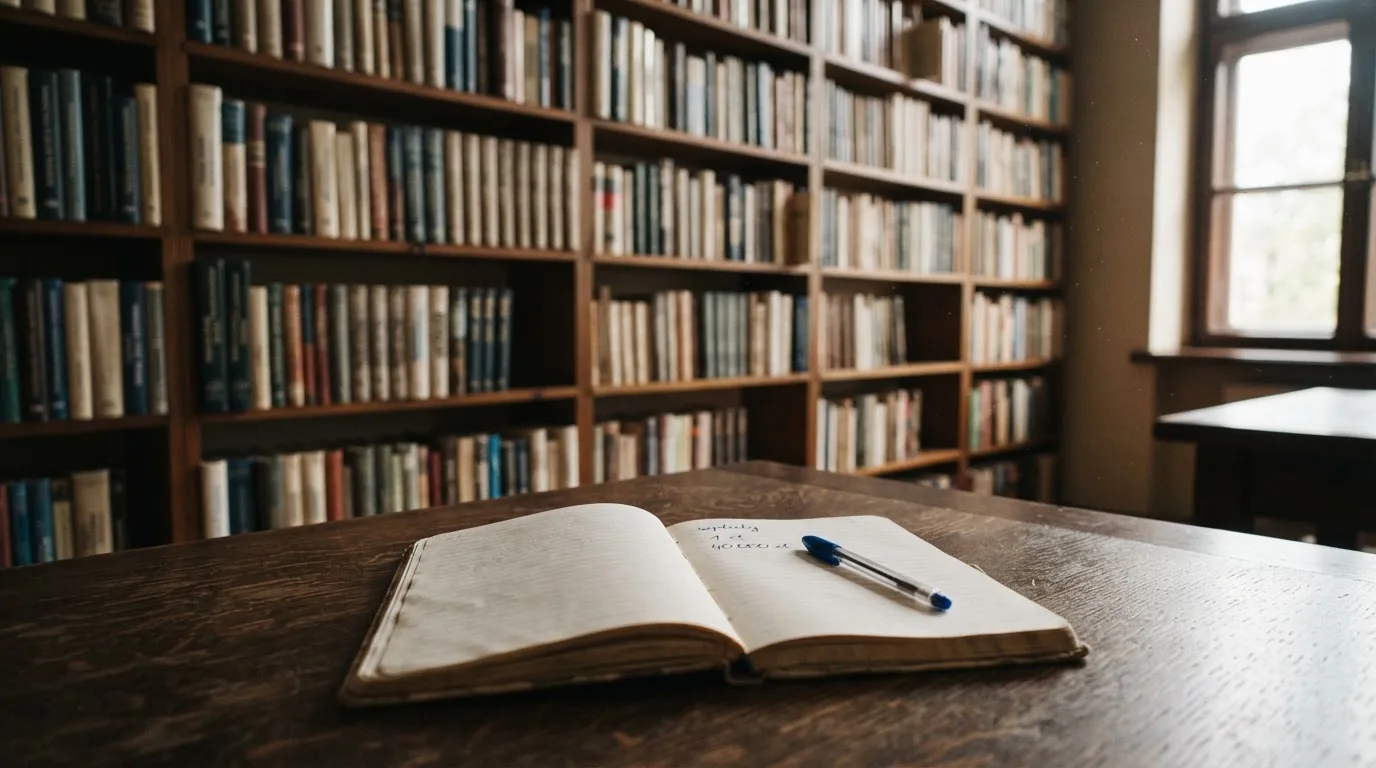 Wysoka drewniana biblioteczka w cichym pokoju czytelni, książki ustawione w równych rzędach.