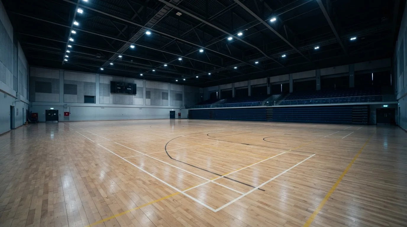 Duża hala sportowa widziana z daleka, parkiet jest pusty, a nad nim świecą rzędy reflektorów.