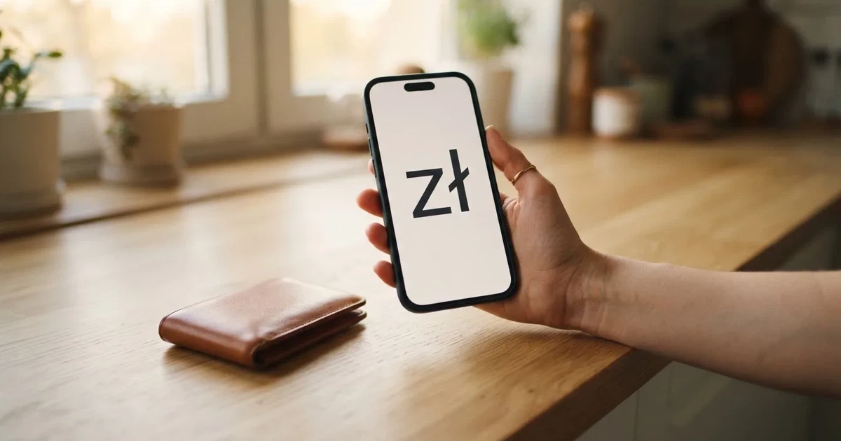 Dłoń trzyma smartfon tyłem do obiektywu nad jasnym blatem, obok leży niewielki skórzany portfel.