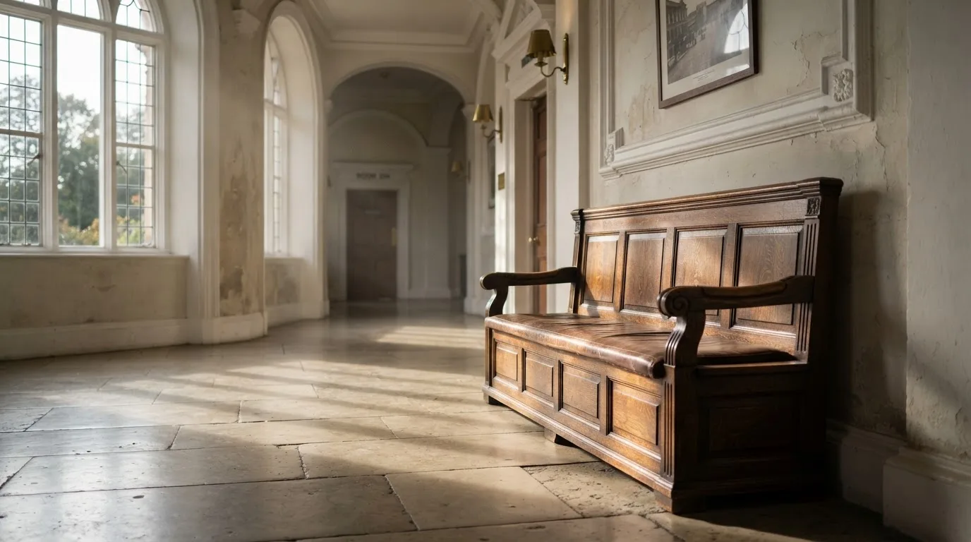Ciężka drewniana ława stoi na korytarzu budynku z wysokimi oknami, w których odbija się poranne światło.