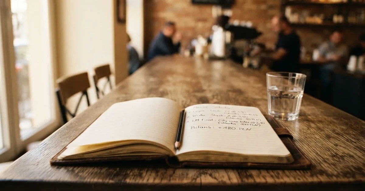 Otwarty notes z odręcznymi notatkami i ołówkiem leży na blacie w kawiarni obok szklanki wody.