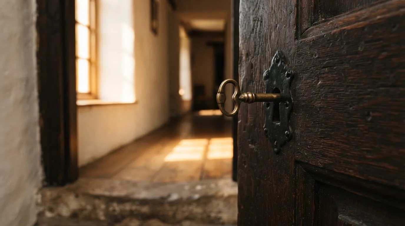 Klucz tkwi w zamku ciężkich drewnianych drzwi, obok widać okno rozświetlone porannym słońcem.