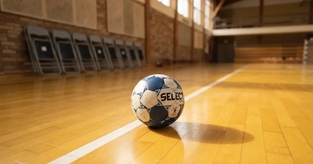 Piłka ręczna leży na żółtym parkiecie sali sportowej, pod ścianą stoją złożone krzesła.