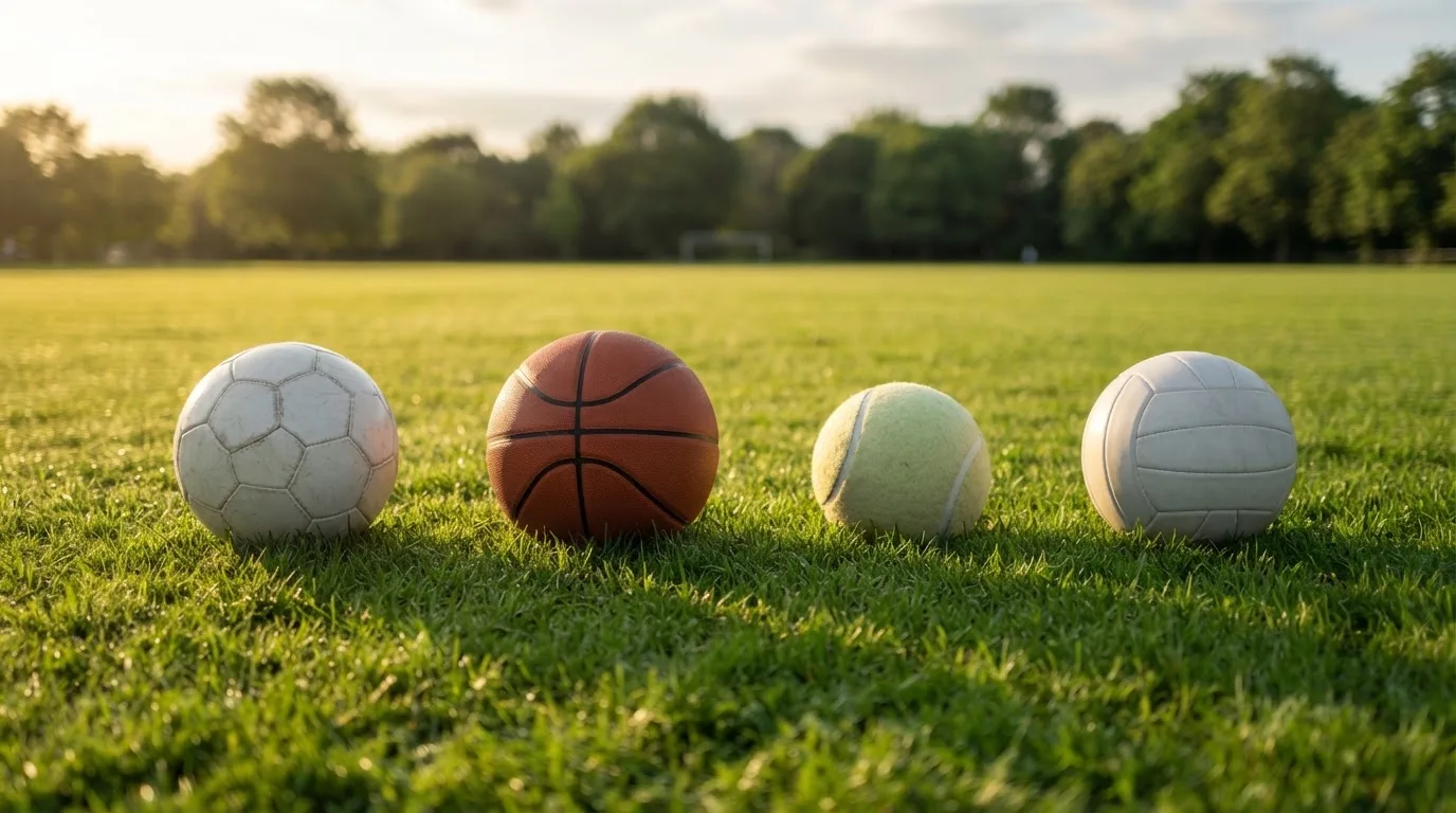 Piłki do czterech dyscyplin leżą w rzędzie na trawie: futbolowa, koszykowa, tenisowa i siatkowa.