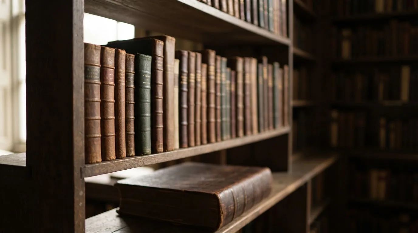 Regał z zamkniętymi książkami w skórzanych oprawach w cichej bibliotece, światło pada z boku.