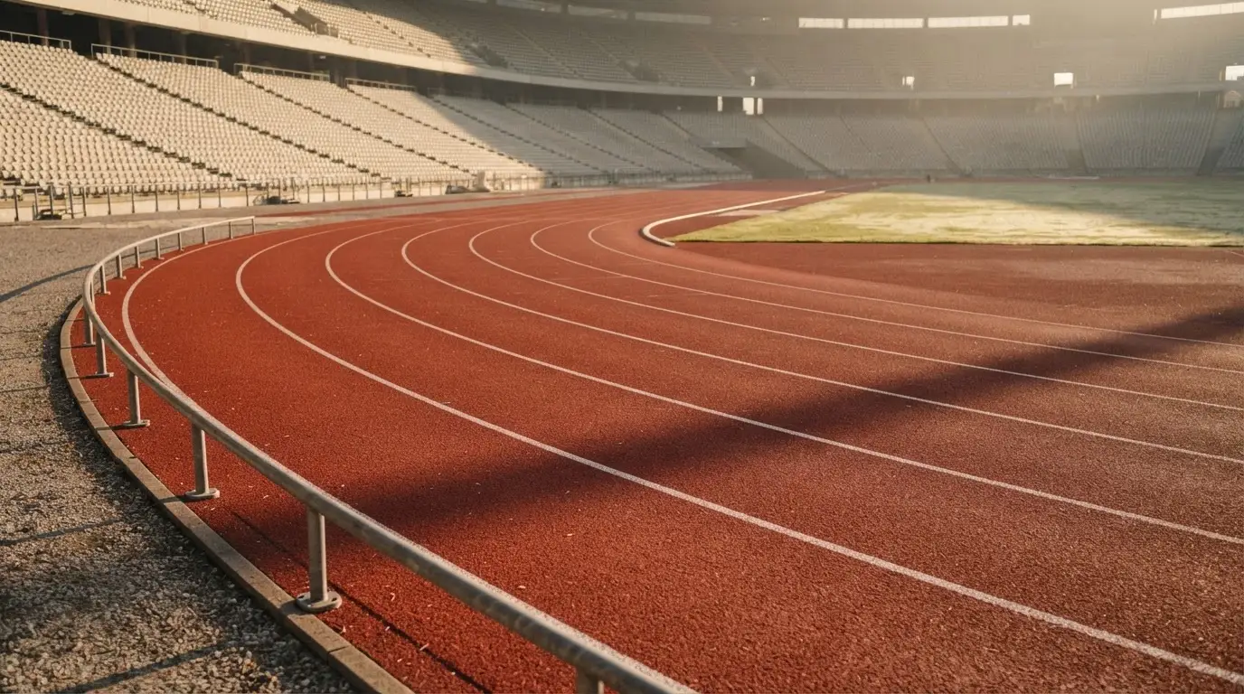 Bieżnia lekkoatletyczna wygięta w łuk pustego stadionu w porannym słońcu.