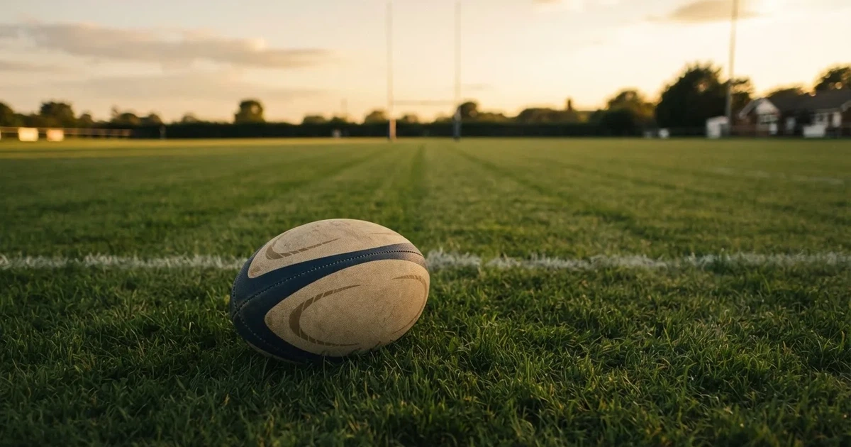 Piłka do rugby leży na pustej murawie, w tle stoją wysokie słupy bramki.