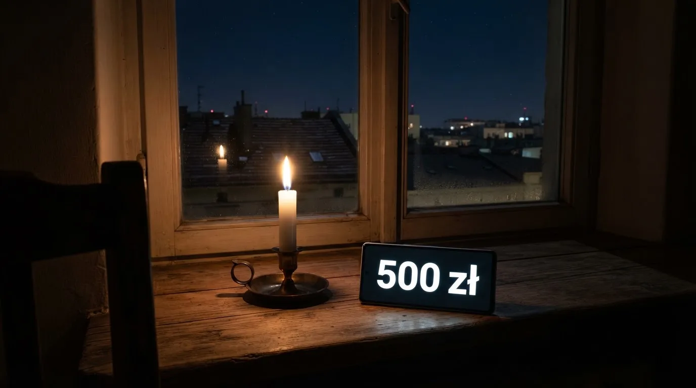 Zapalona świeca na parapecie w ciemnym pokoju, za oknem noc.
