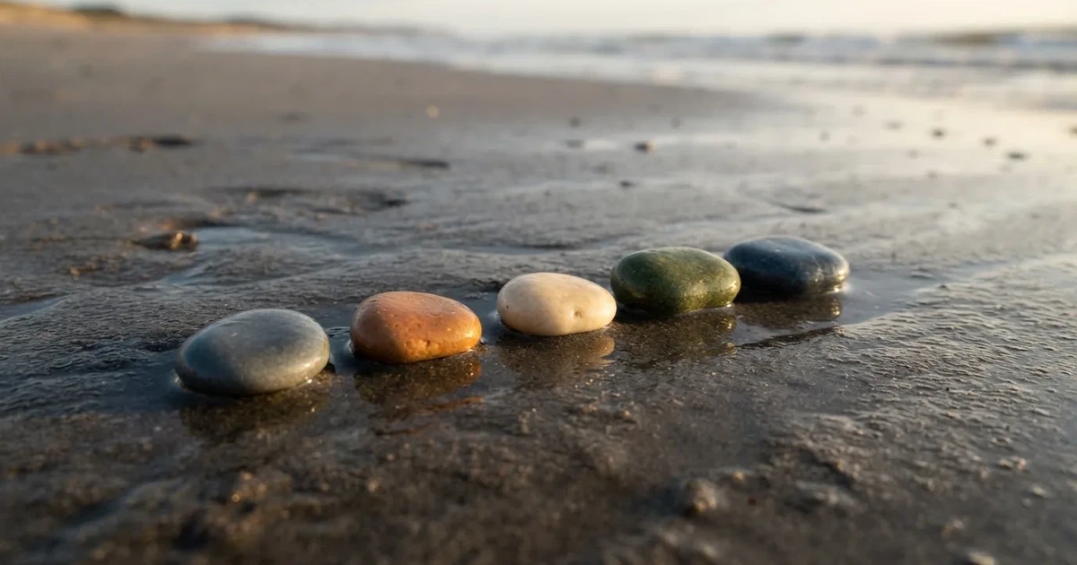 Kilka kamyków w różnych kolorach ułożonych w rzędzie na wilgotnym piasku plaży.