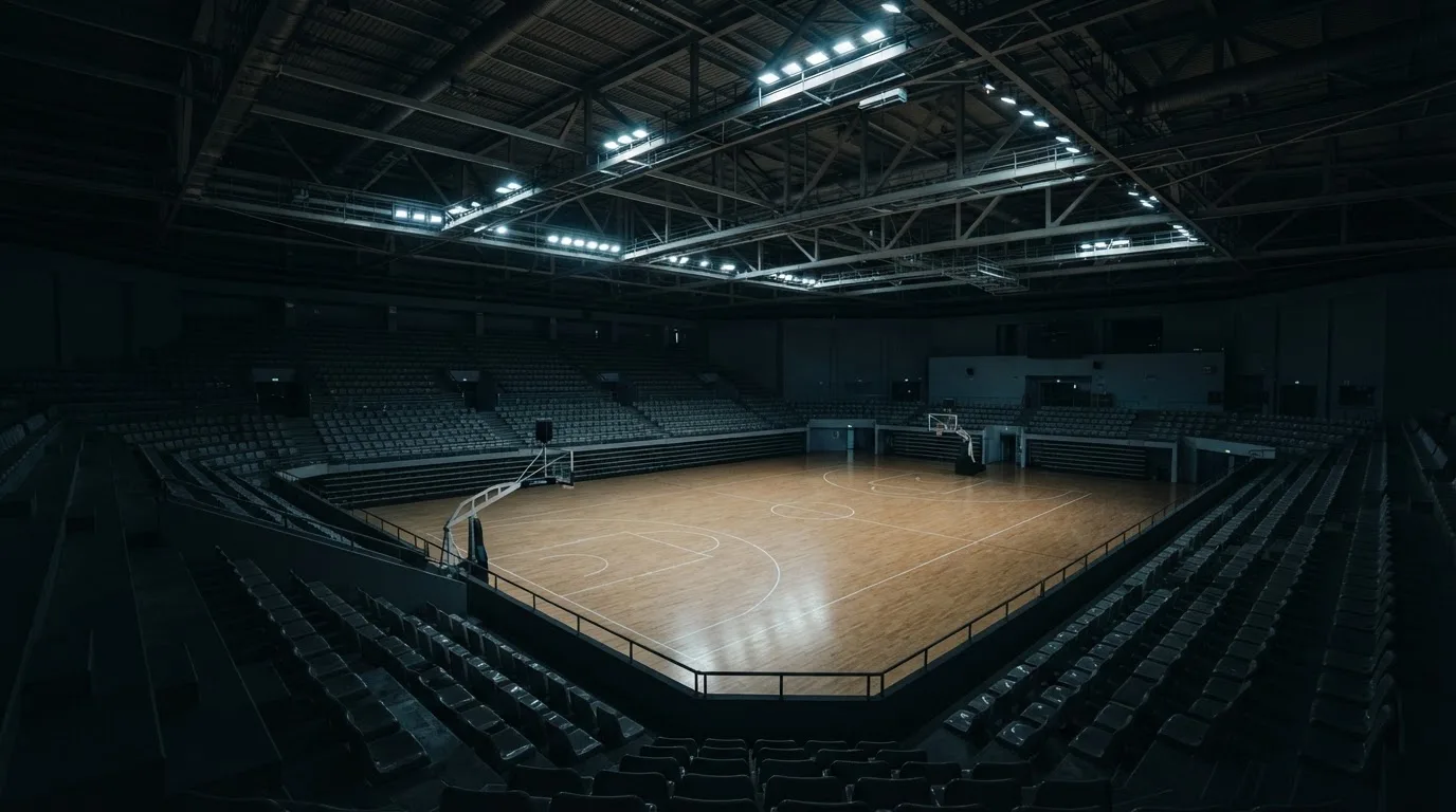 Hala sportowa widziana z dużej odległości w półmroku, nad pustym parkietem świecą rzędy reflektorów.
