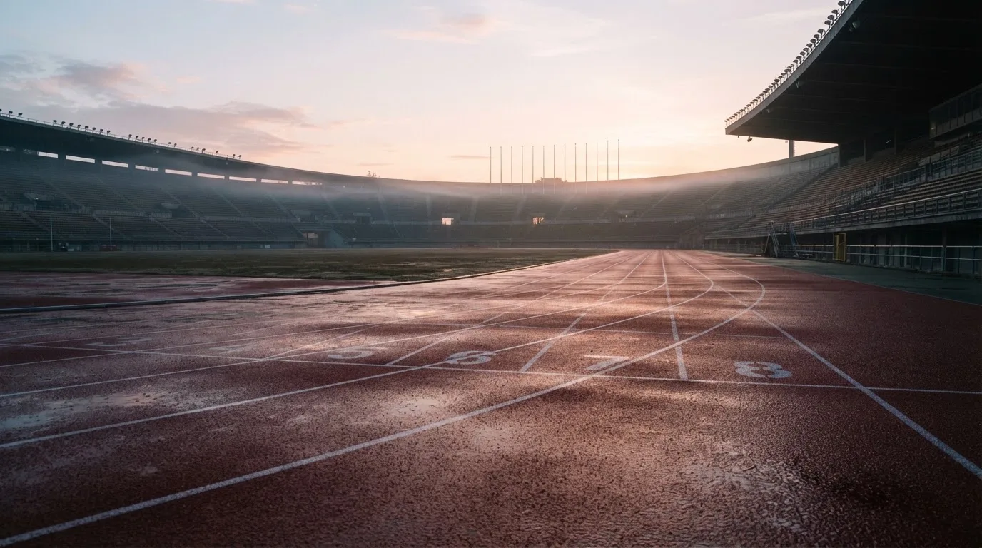Pusty tor biegowy stadionu lekkoatletycznego o poranku, mokra czerwona nawierzchnia i smugi mgły nad trybunami.