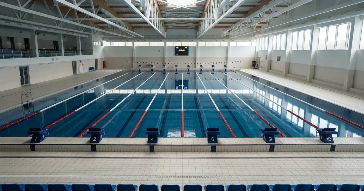 Pusty basen olimpijski z równymi torami i spokojną taflą wody, widok z trybun w jasnym świetle.