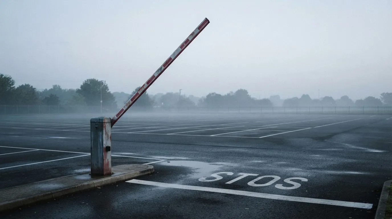 Szlaban w poziomie przy wjeździe na pusty parking o świcie, mgła nad asfaltem.