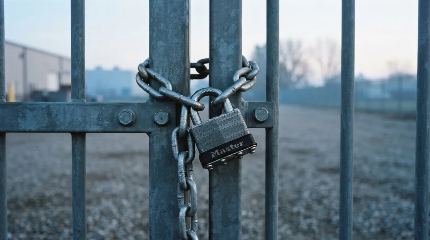 Zamknięta kłódka na łańcuchu przy metalowej bramie, ujęcie z bliska w chłodnym świetle poranka.