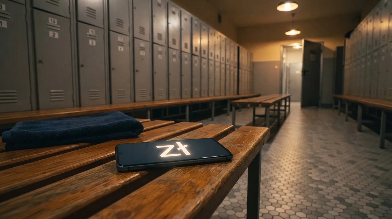 Szatnia sportowa z rzędem pustych ławek i szafek w ciepłym świetle lamp.