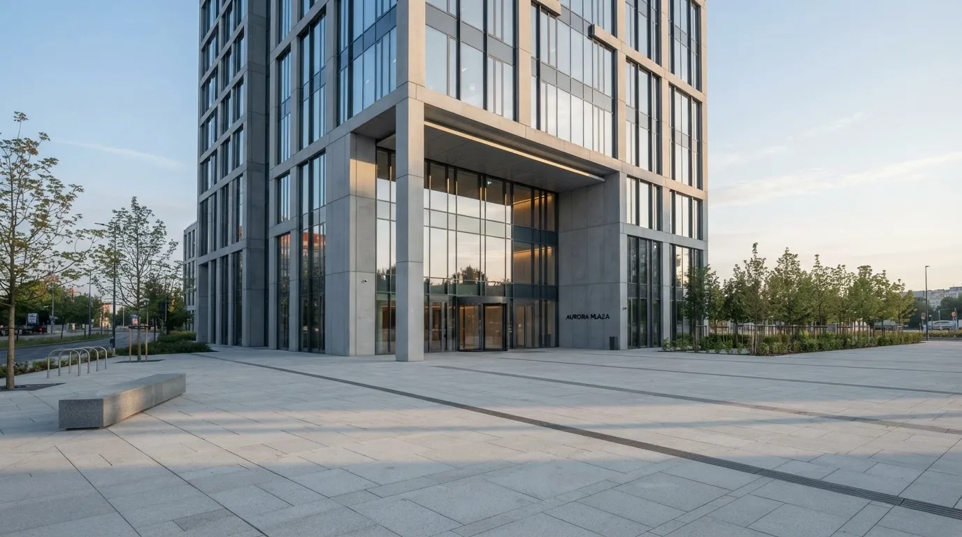 Nowoczesny budynek z szarego betonu i szkła o poranku, szeroki plac przed wejściem, żadnych przechodniów.