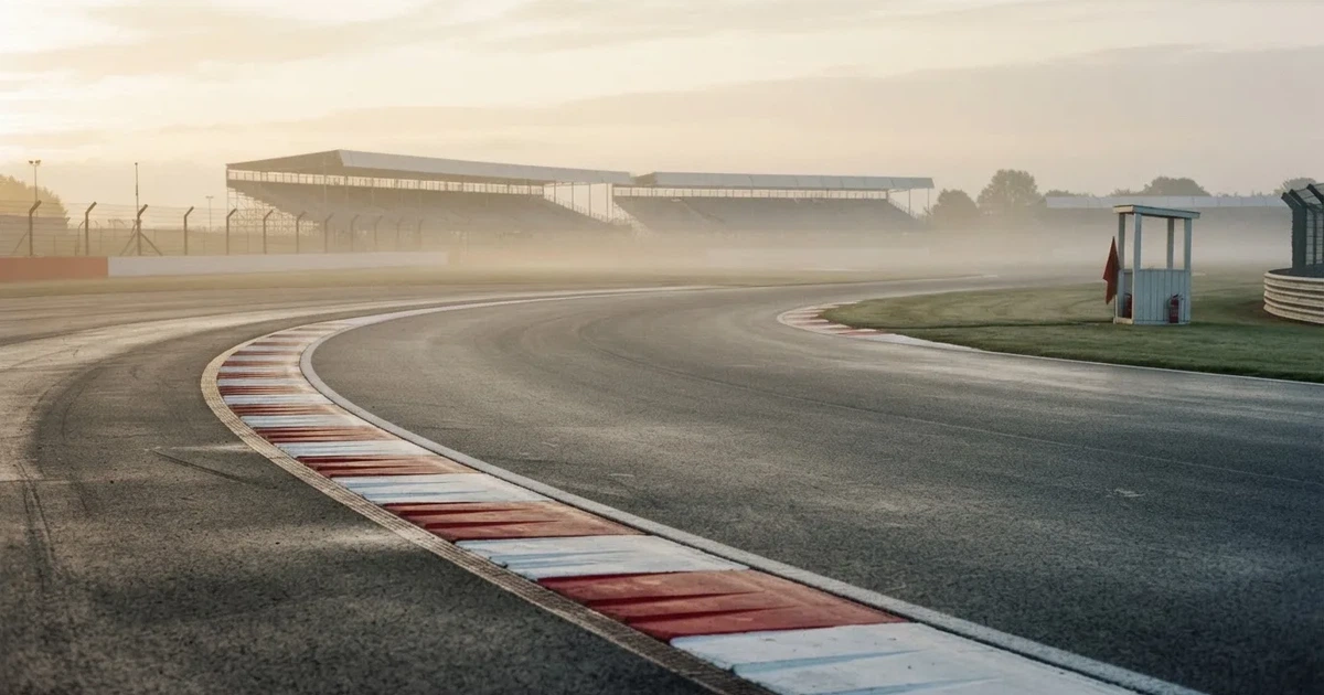 Pusty tor wyścigowy z asfaltem i czerwono-białymi krawężnikami w porannej mgle, trybuny w oddali.
