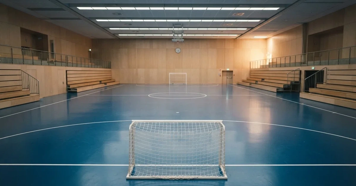Hala z niebieskim parkietem i niewielkimi bramkami po obu stronach, pusta, światło padające z sufitu.