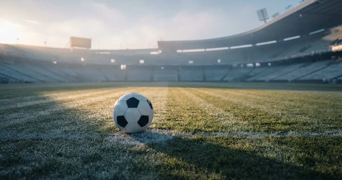 Samotna piłka na murawie ogromnego stadionu o świcie po zakończonej imprezie, trybuny puste.