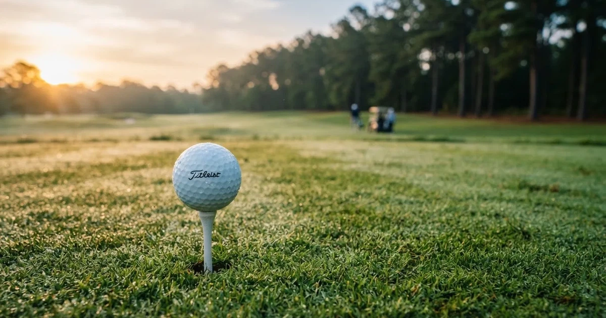 Piłka golfowa spoczywa na białym tee w porannej rosie, w tle rozmyta zielona murawa pola i szereg wysokich sosen.