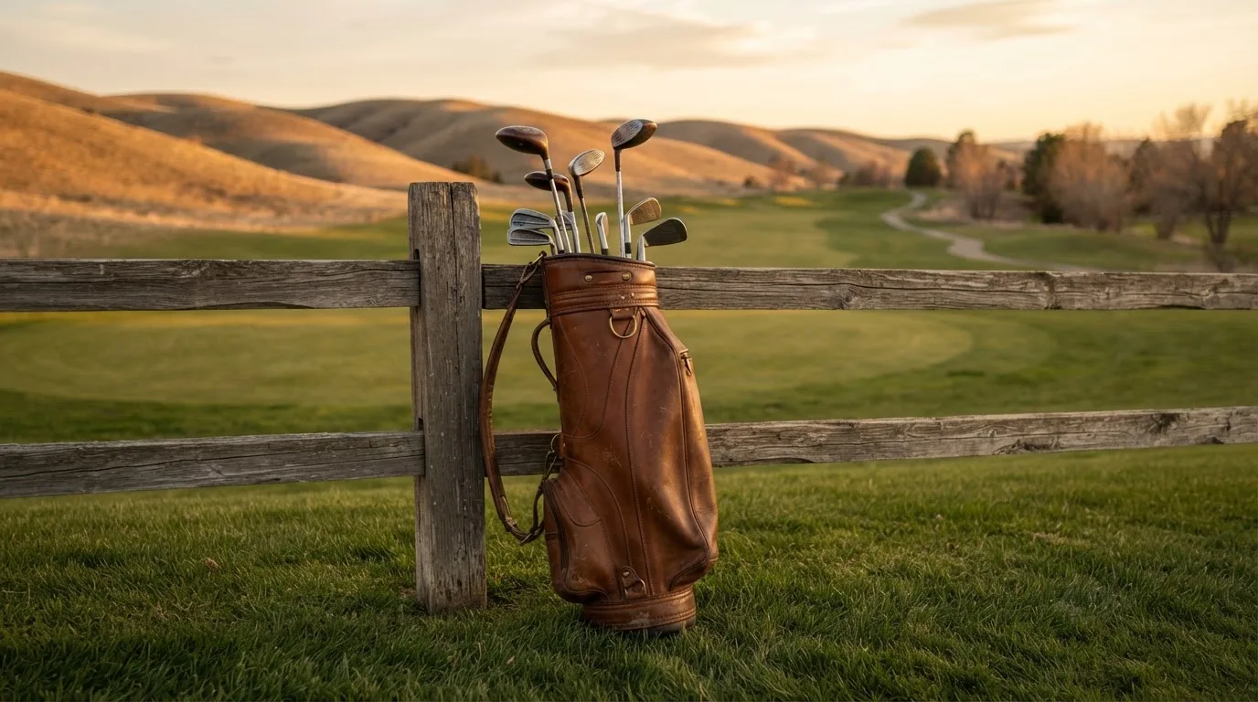 Torba golfowa z kijami oparta o drewniany płotek na polu golfowym, w tle wzgórza w złotym świetle zachodu.