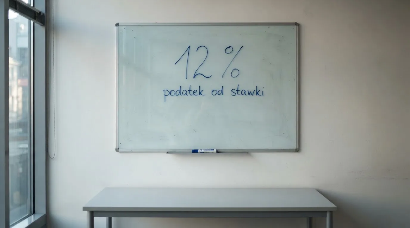 Szklana tablica suchościeralna w pustej sali konferencyjnej, lekko zakurzona, obok leży niebieski pisak.