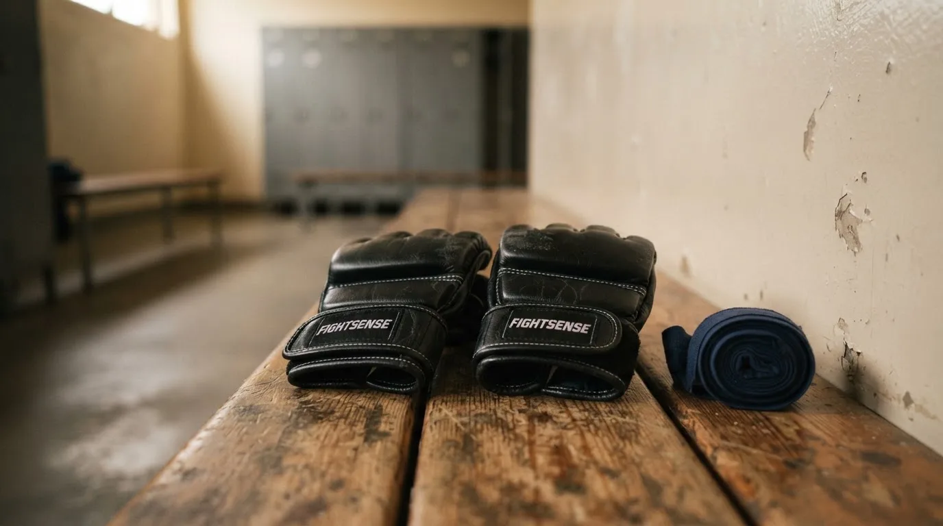 Czarne rękawice MMA z odsłoniętymi palcami leżą na drewnianej ławce w szatni, obok zwinięty bandaż.