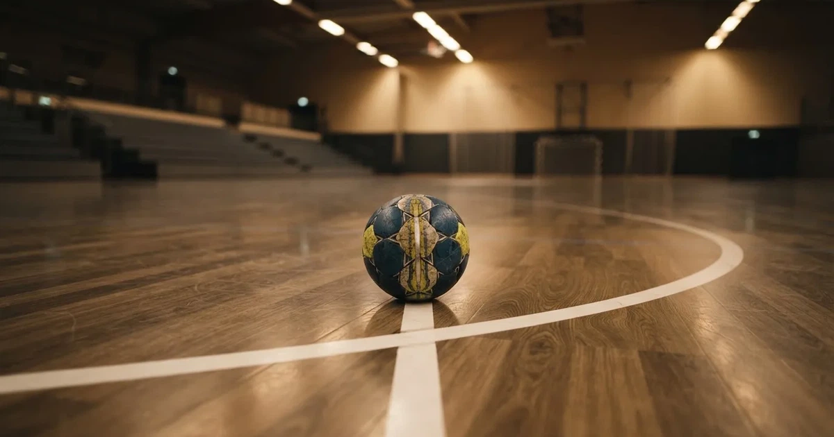 Piłka ręczna leży na żywicznym parkiecie przy linii pola bramkowego w pustej hali sportowej, nad nią rzędy świateł.