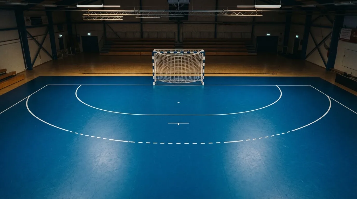 Bramka do piłki ręcznej i półokrąg pola bramkowego na niebieskim parkiecie, widoczne z góry w pustej hali.