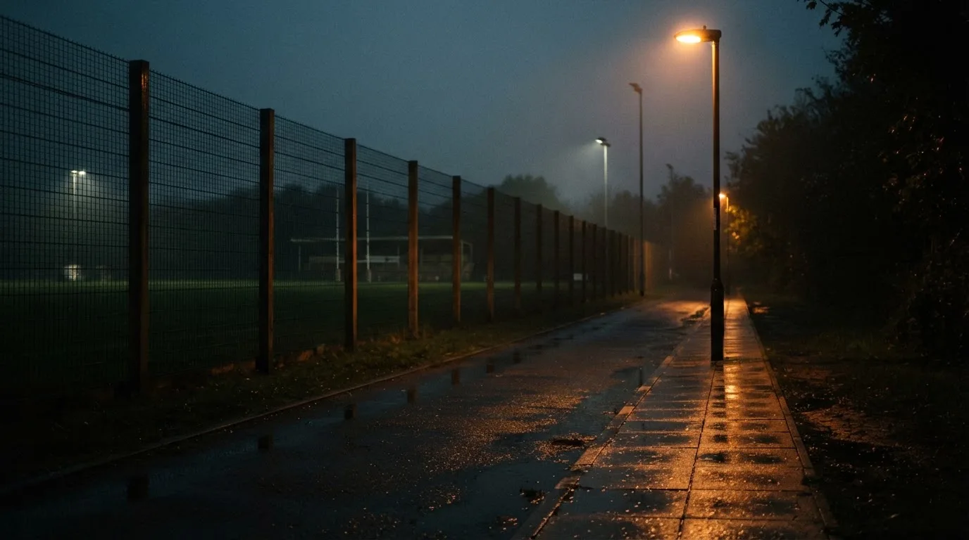 Uliczna latarnia przy pustym chodniku wzdłuż boiska w wilgotny wieczór, na asfalcie odbija się światło.