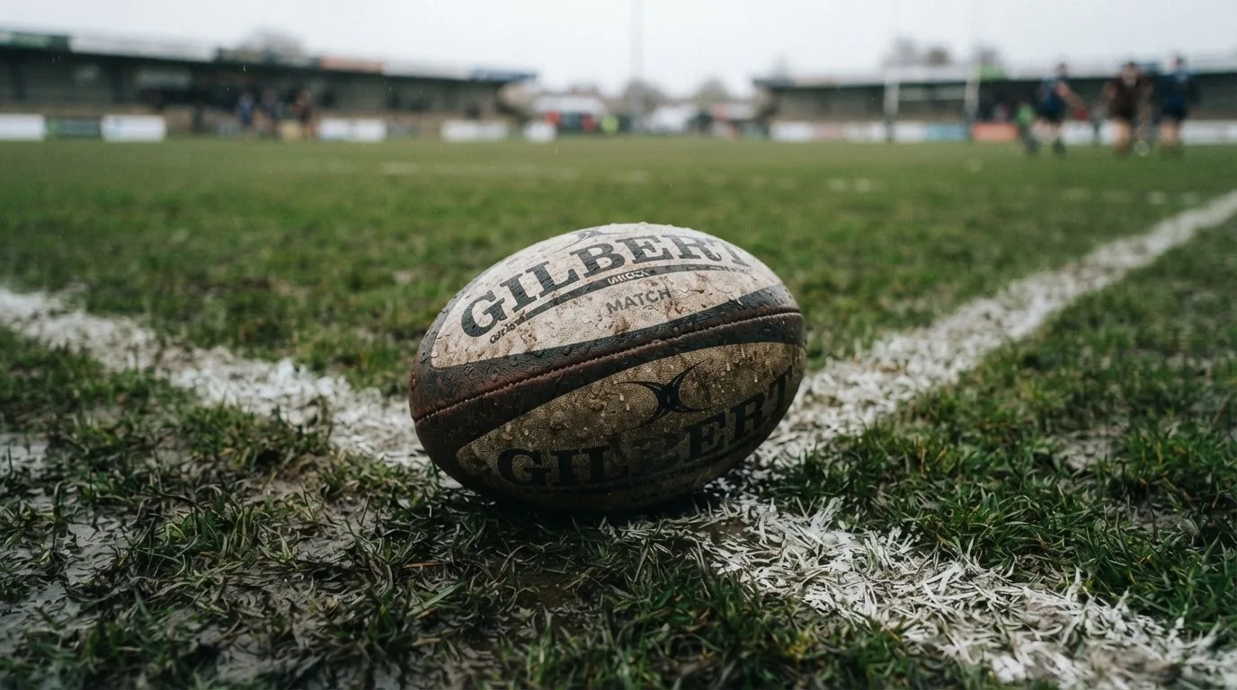 Owalna piłka do rugby leży na mokrej trawie obok linii pola punktowego w chłodnym świetle dnia.