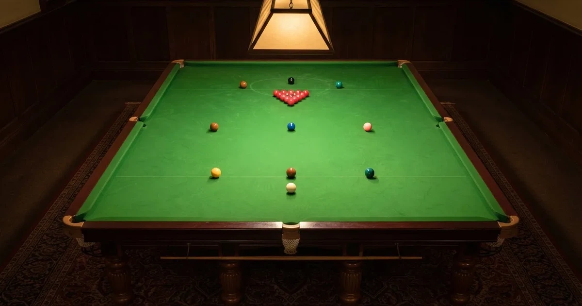 Stół snookerowy z zielonym suknem widziany z góry, rozstawione kolorowe bile w pustym salonie gry.