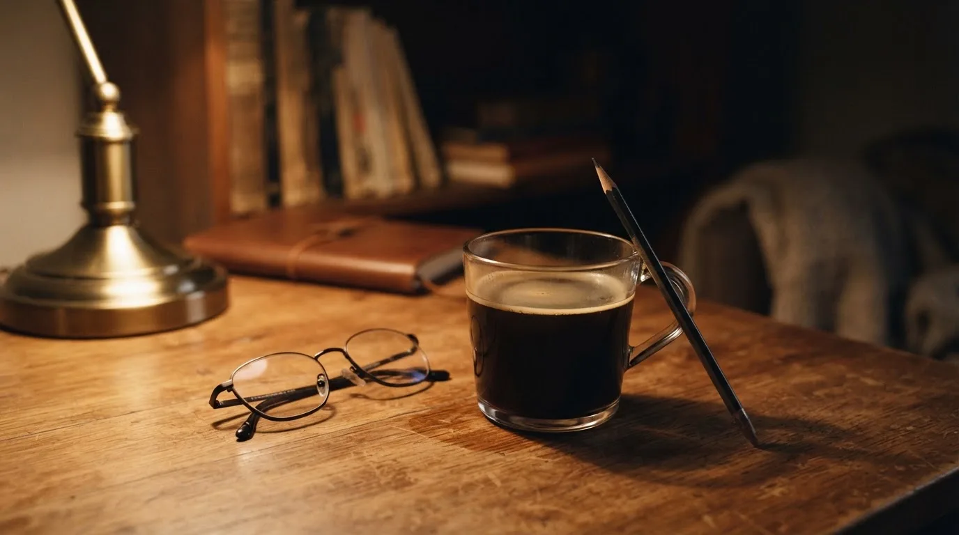 Szklanka kawy i okulary leżą na drewnianym biurku w świetle lampki, obok stoi ołówek oparty o kubek.