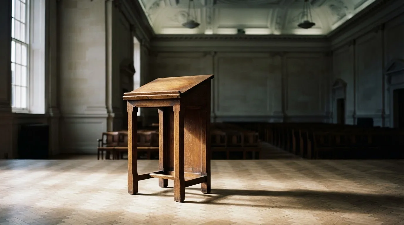 Pusty drewniany pulpit mówcy w sali z wysokim sufitem, oświetlony światłem z bocznego okna.