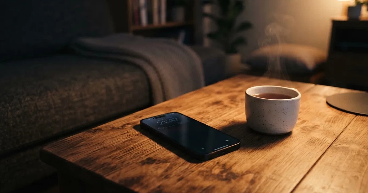 Smartfon leży z wygaszonym ekranem na stole w salonie obok kubka herbaty, w tle przygaszone światło lampy.