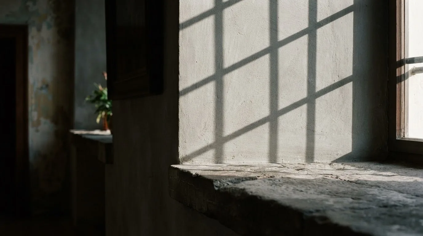 Cień okiennej kraty pada na szarą ścianę, obok widać fragment ciężkiego parapetu.
