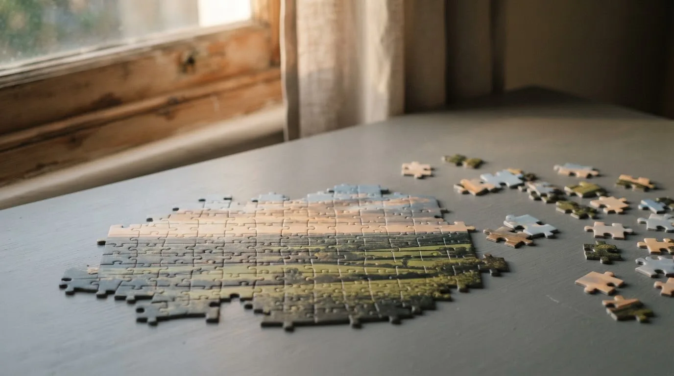 Układanka puzzle częściowo złożona na blacie stołu, kilka elementów leży obok w świetle okna.